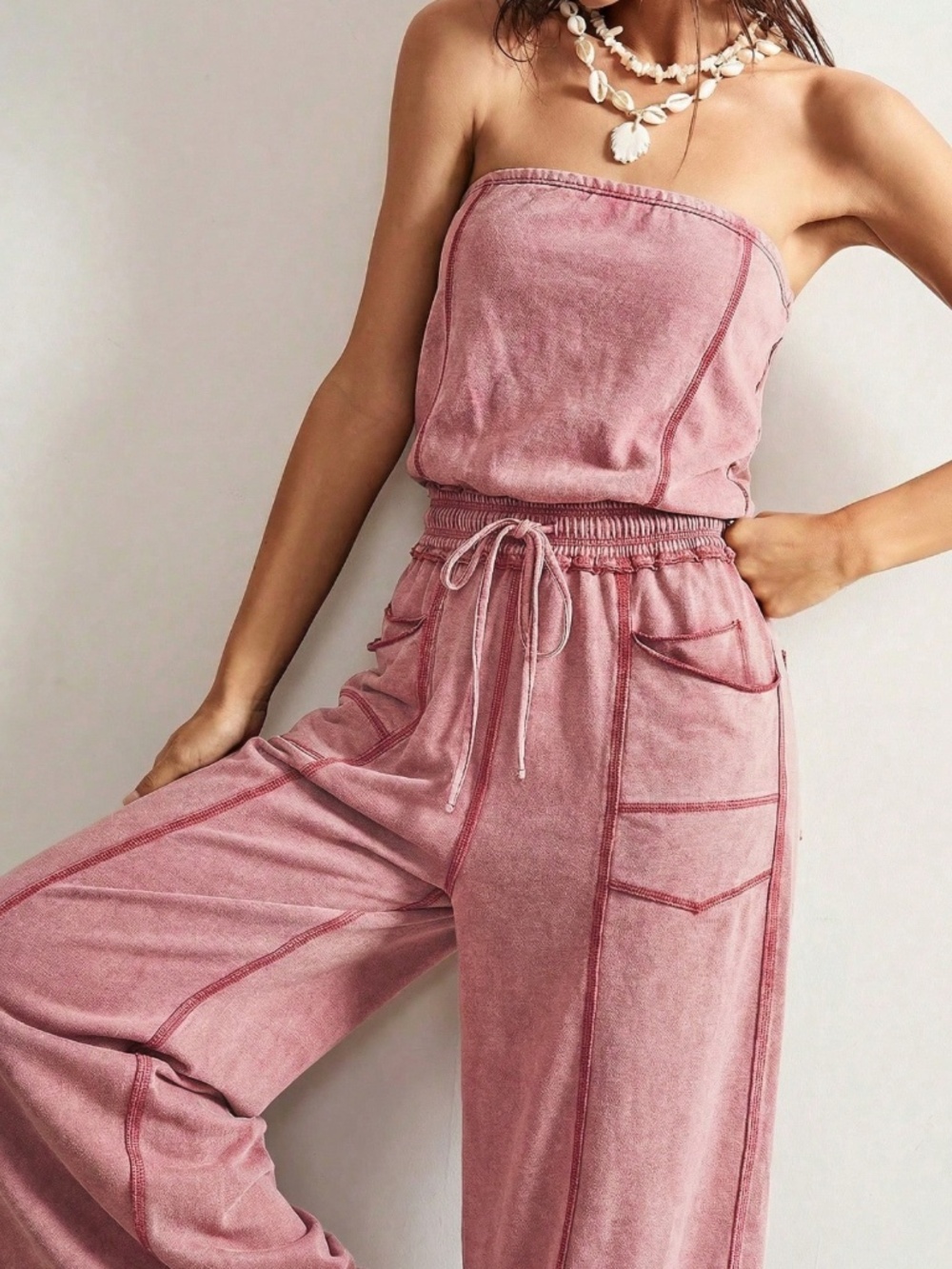Strapless Pink Boho Wide Leg Jumpsuit with Pockets